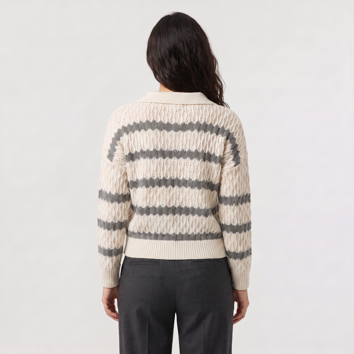 Striped Pointelle Cable Knit Collar Sweater