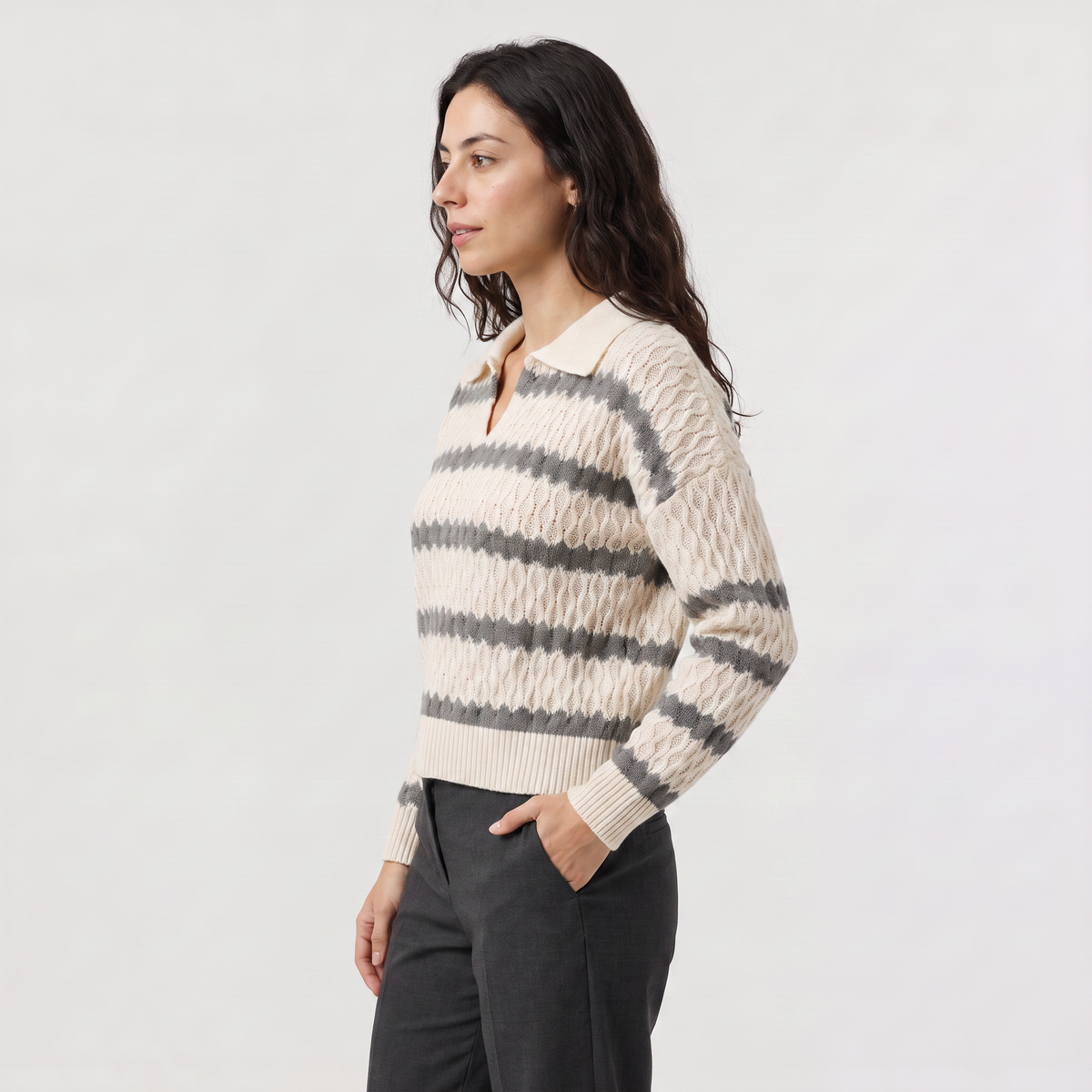 Striped Pointelle Cable Knit Collar Sweater