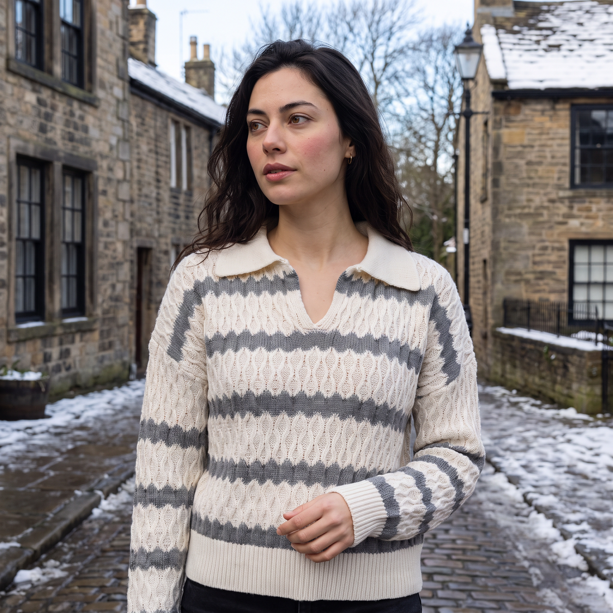 Striped Pointelle Cable Knit Collar Sweater