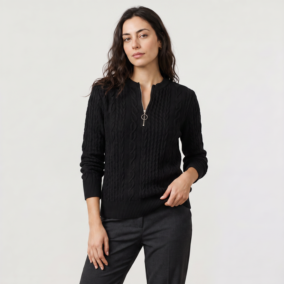 Casual Cable Knit Zip-Neck Sweater