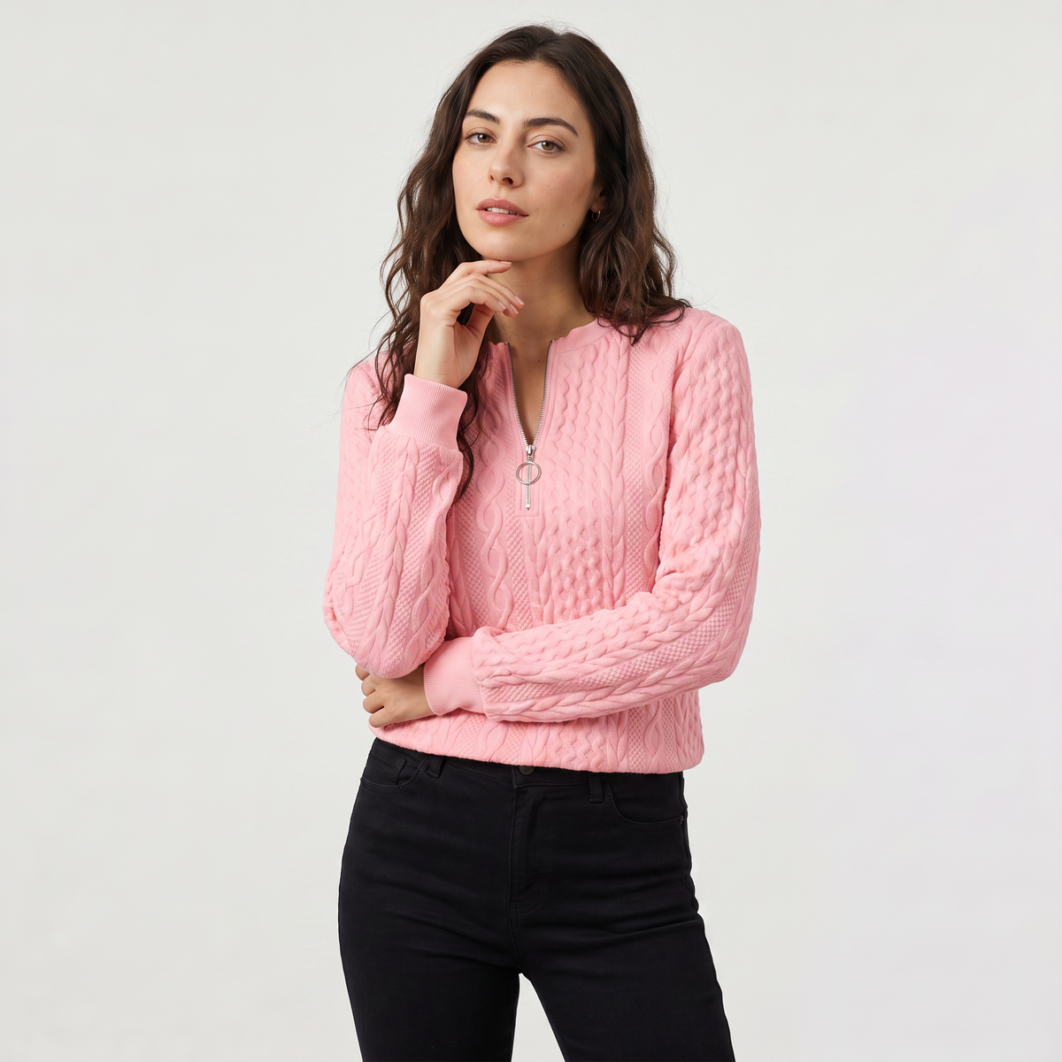 Casual Cable Knit Zip-Neck Sweater