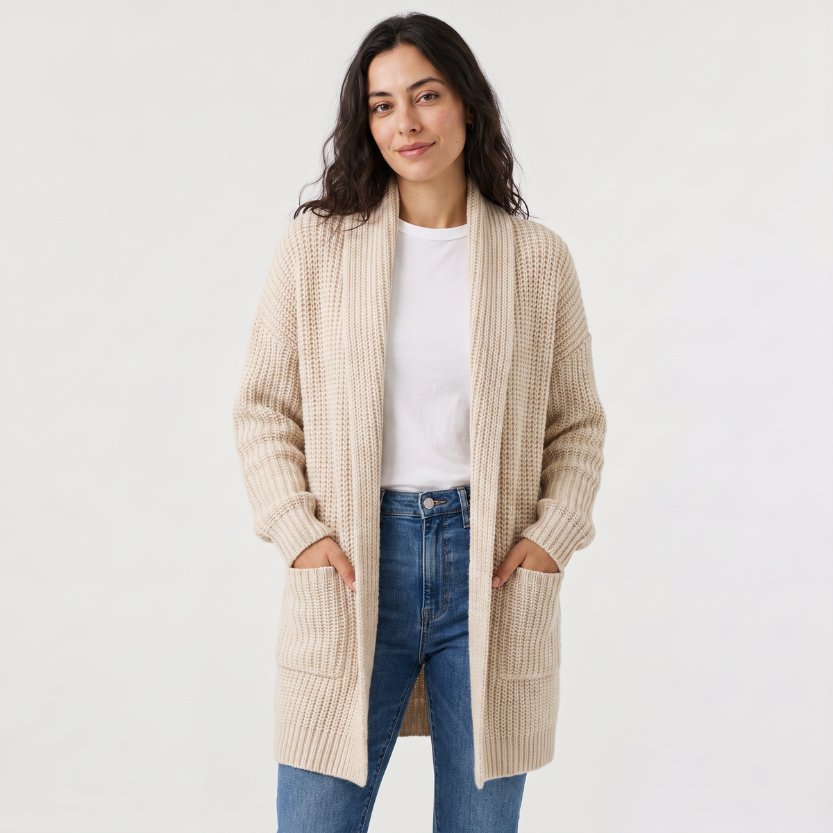 Long Open-Front Chunky Knit Cardigan