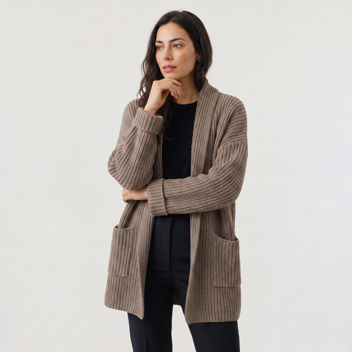 Long Open-Front Chunky Knit Cardigan