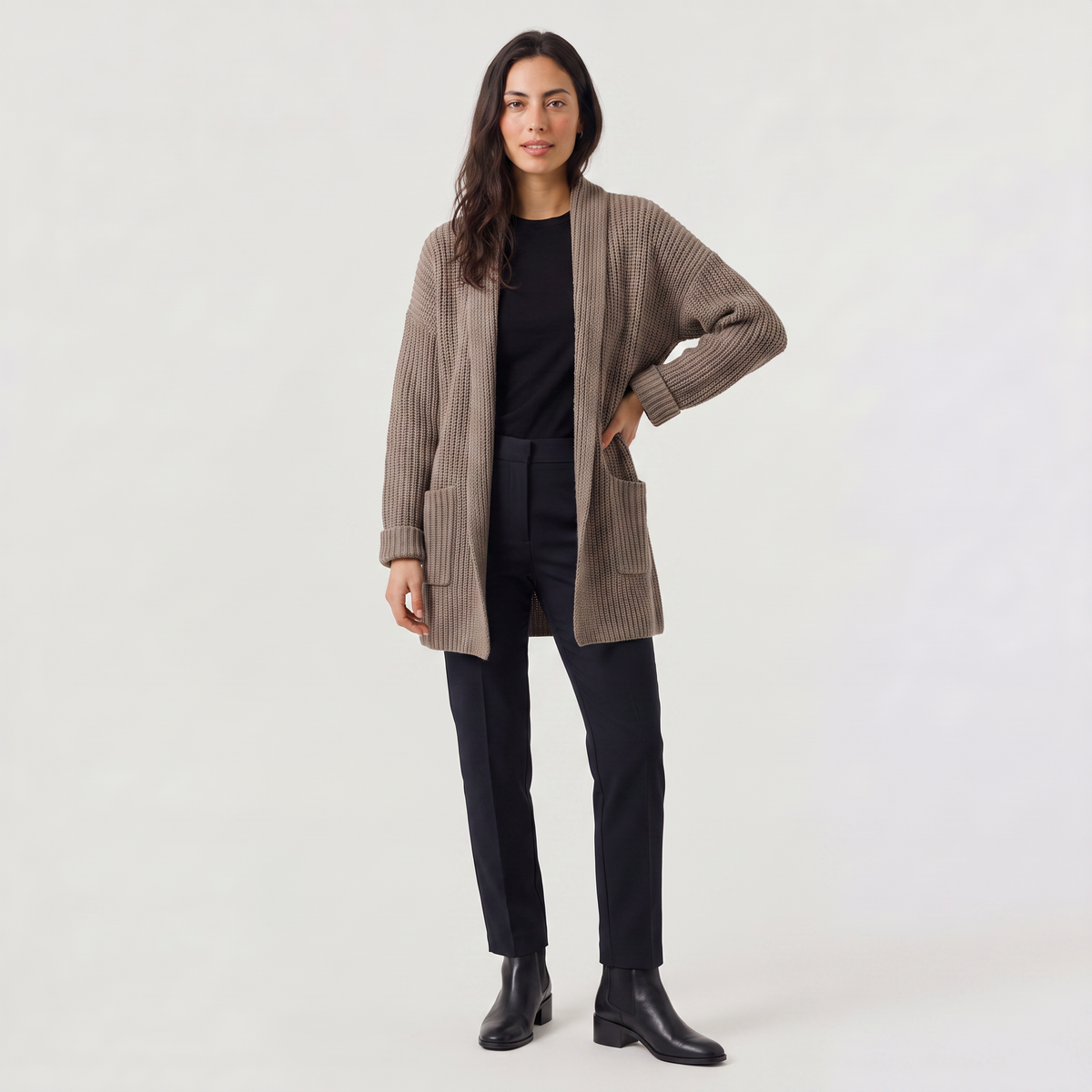 Long Open-Front Chunky Knit Cardigan