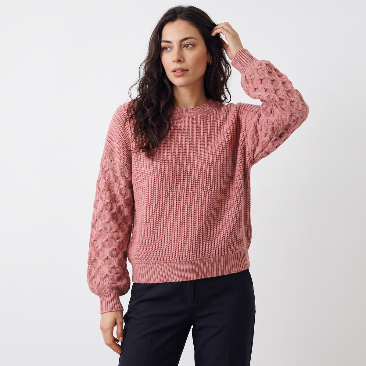 Lantern Sleeve Knit Sweater - Textured Winter Sweater