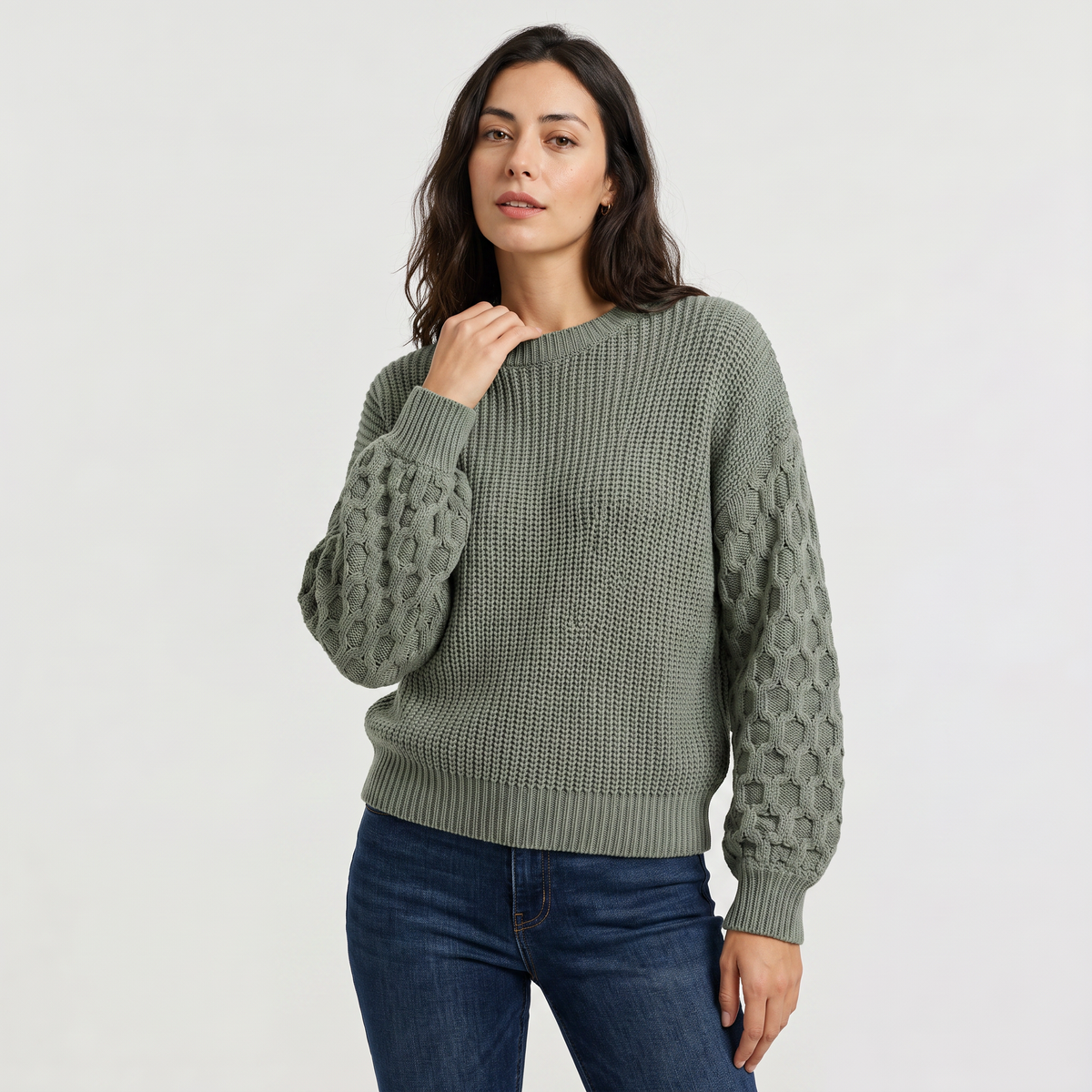 Lantern Sleeve Knit Sweater - Textured Winter Sweater