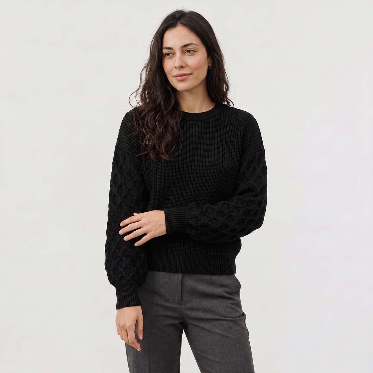 Lantern Sleeve Knit Sweater - Textured Winter Sweater