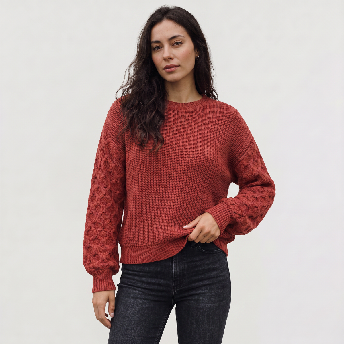 Lantern Sleeve Knit Sweater - Textured Winter Sweater