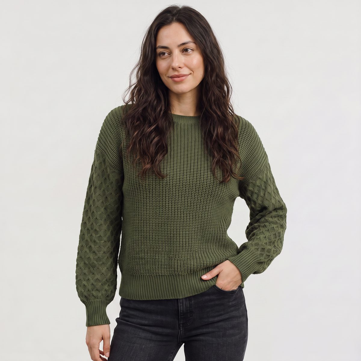 Lantern Sleeve Knit Sweater - Textured Winter Sweater