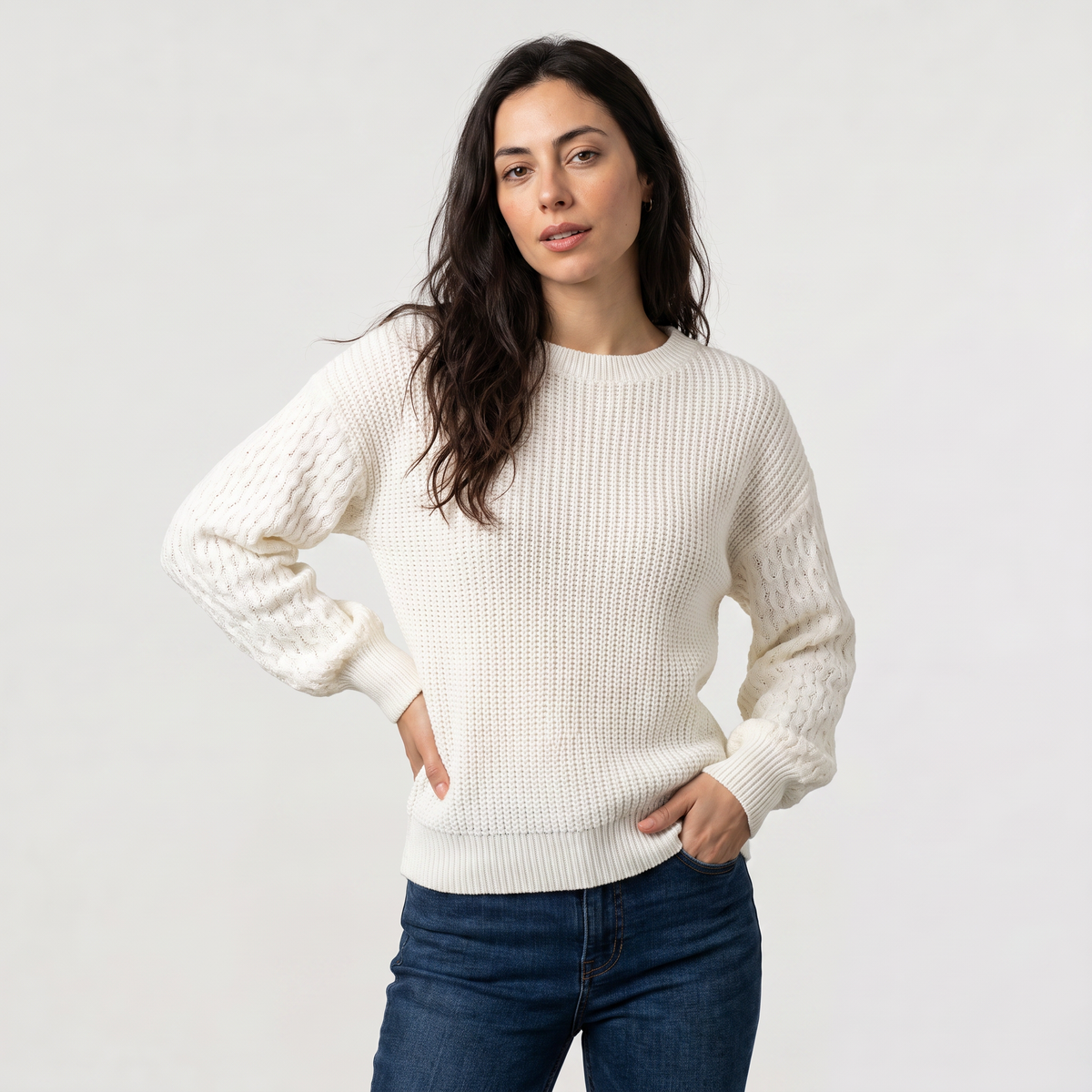 Lantern Sleeve Knit Sweater - Textured Winter Sweater
