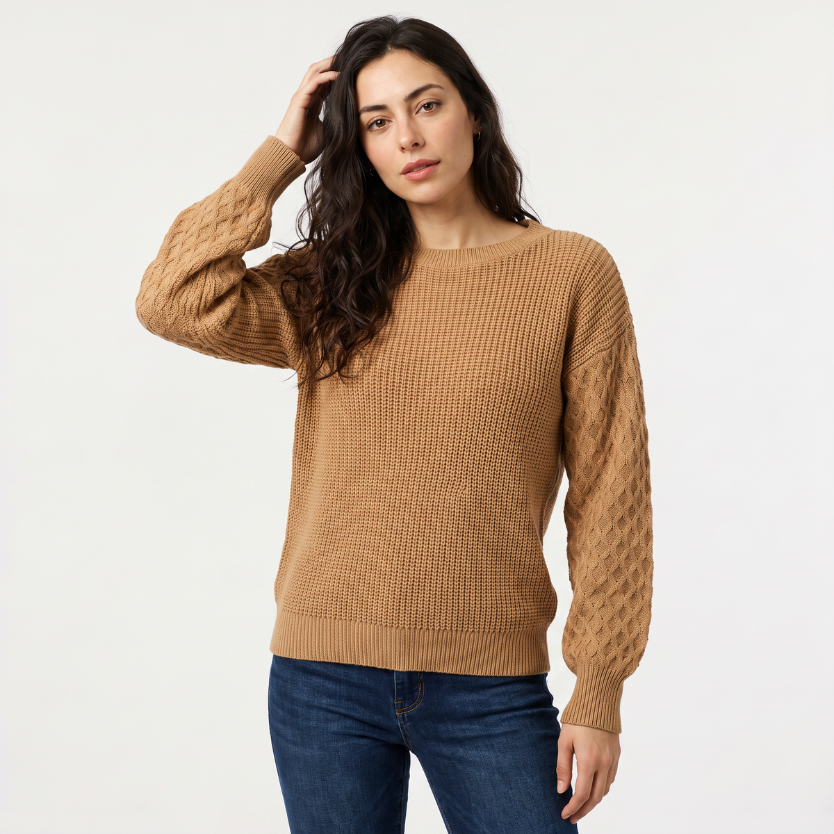 Lantern Sleeve Knit Sweater - Textured Winter Sweater