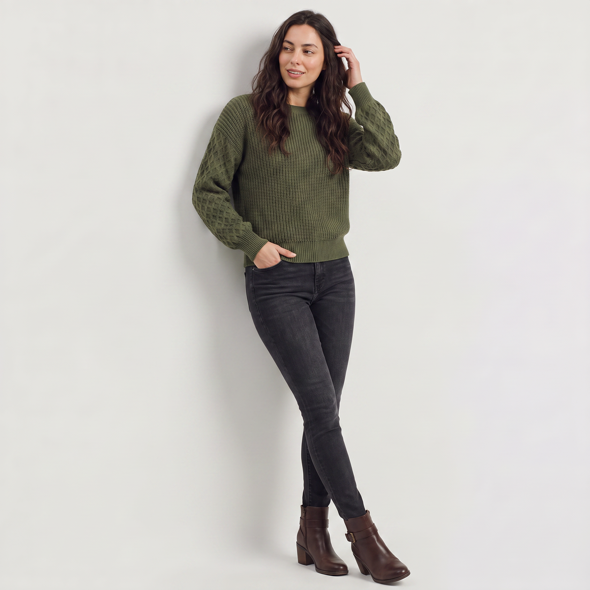Lantern Sleeve Knit Sweater - Textured Winter Sweater