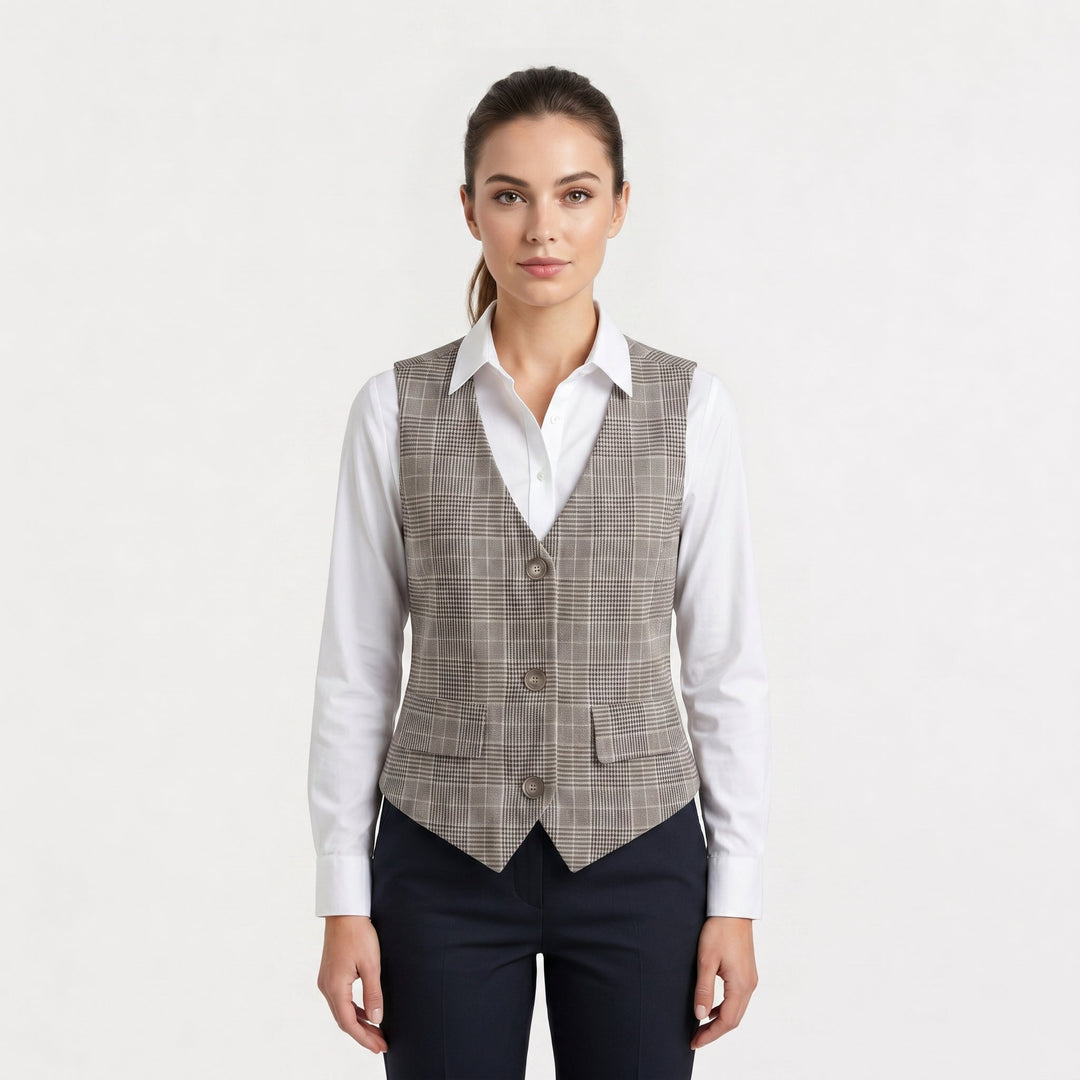 Beige Plaid Button-Front Waistcoat