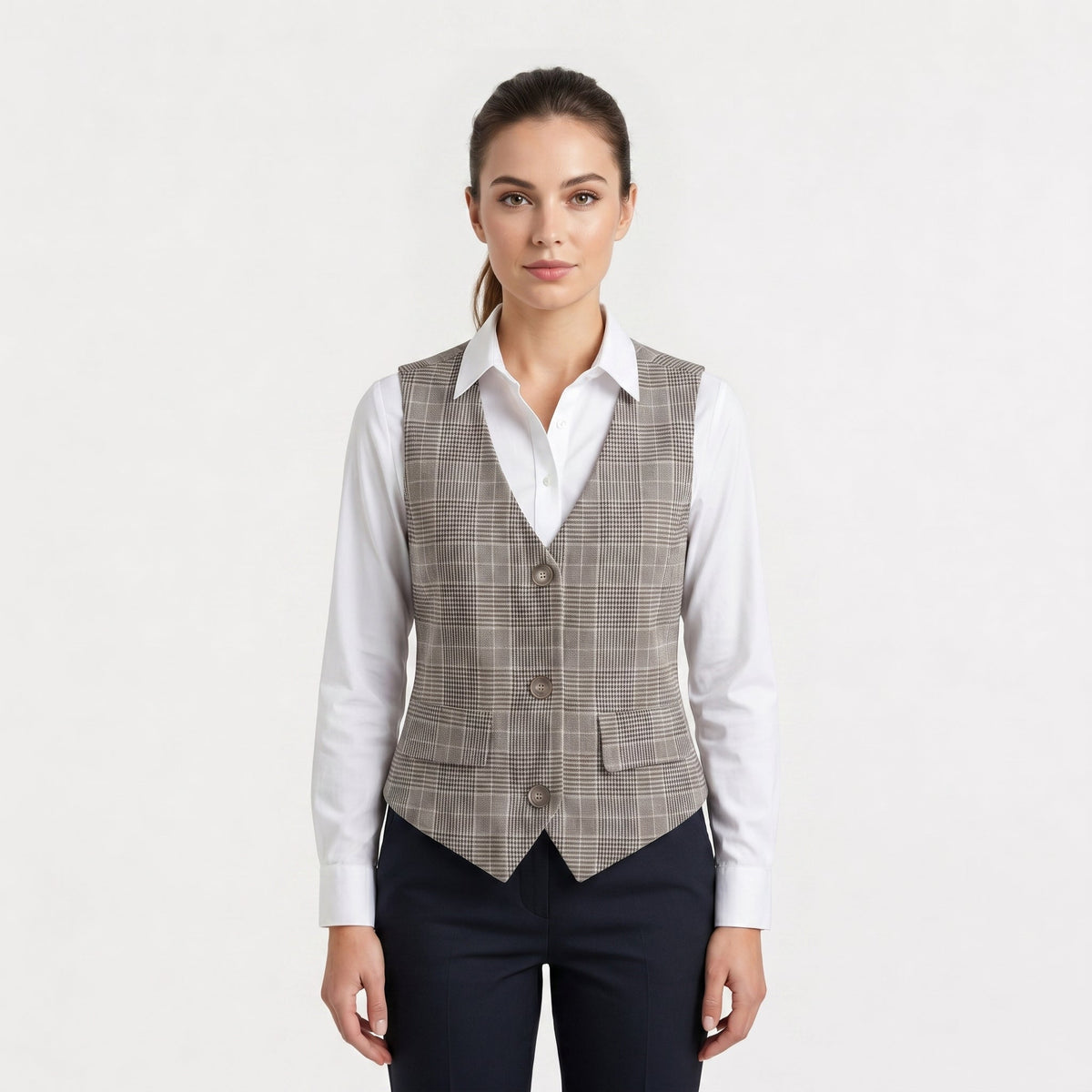 Beige Plaid Button-Front Waistcoat