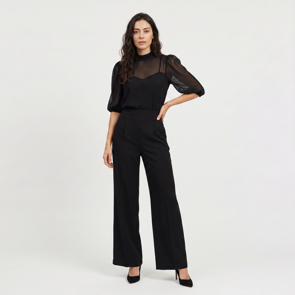 Wide-Leg Puff Sleeve Jumpsuit