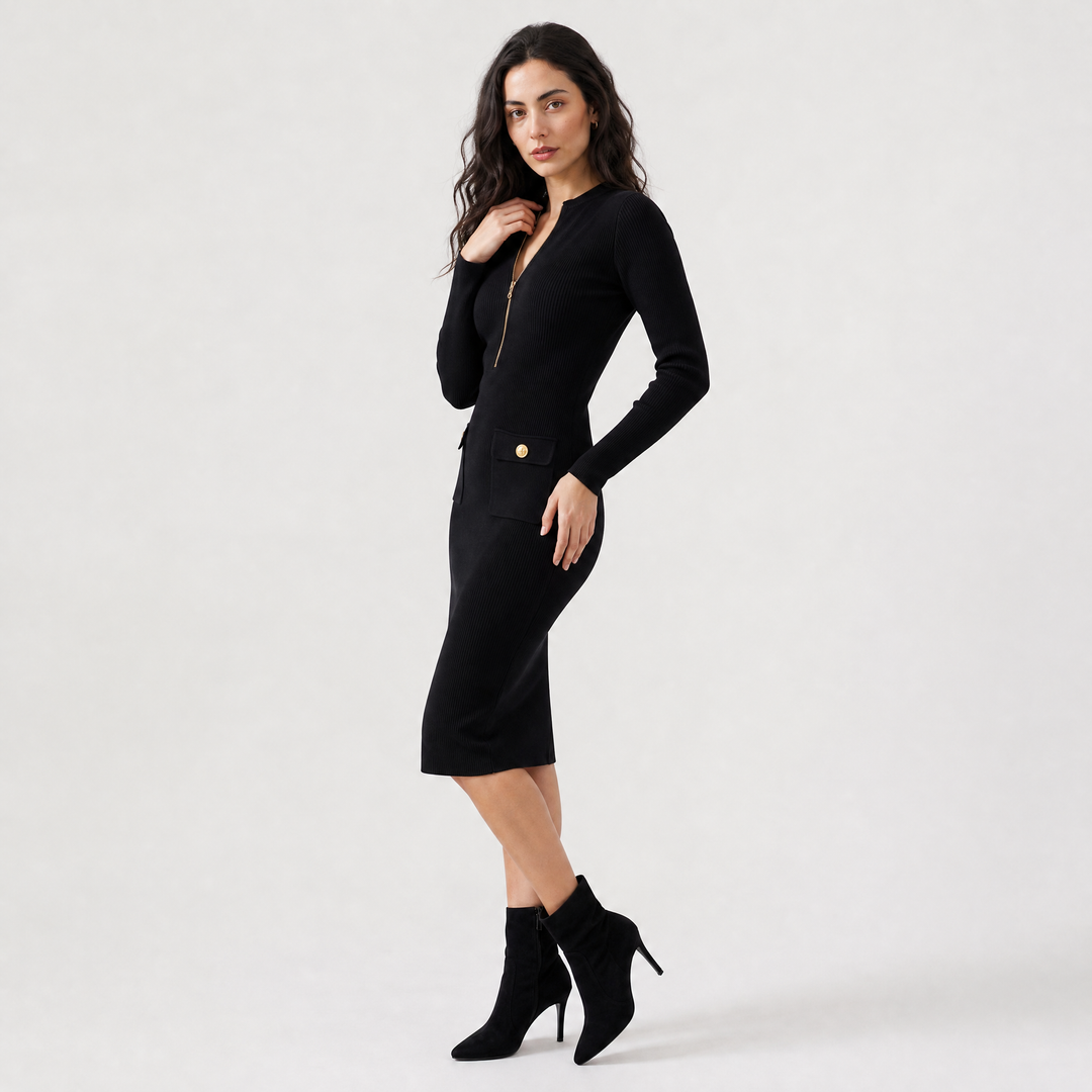 Formal Ribbed Knit Zip Midi Dress