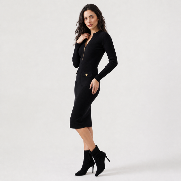 Formal Ribbed Knit Zip Midi Dress