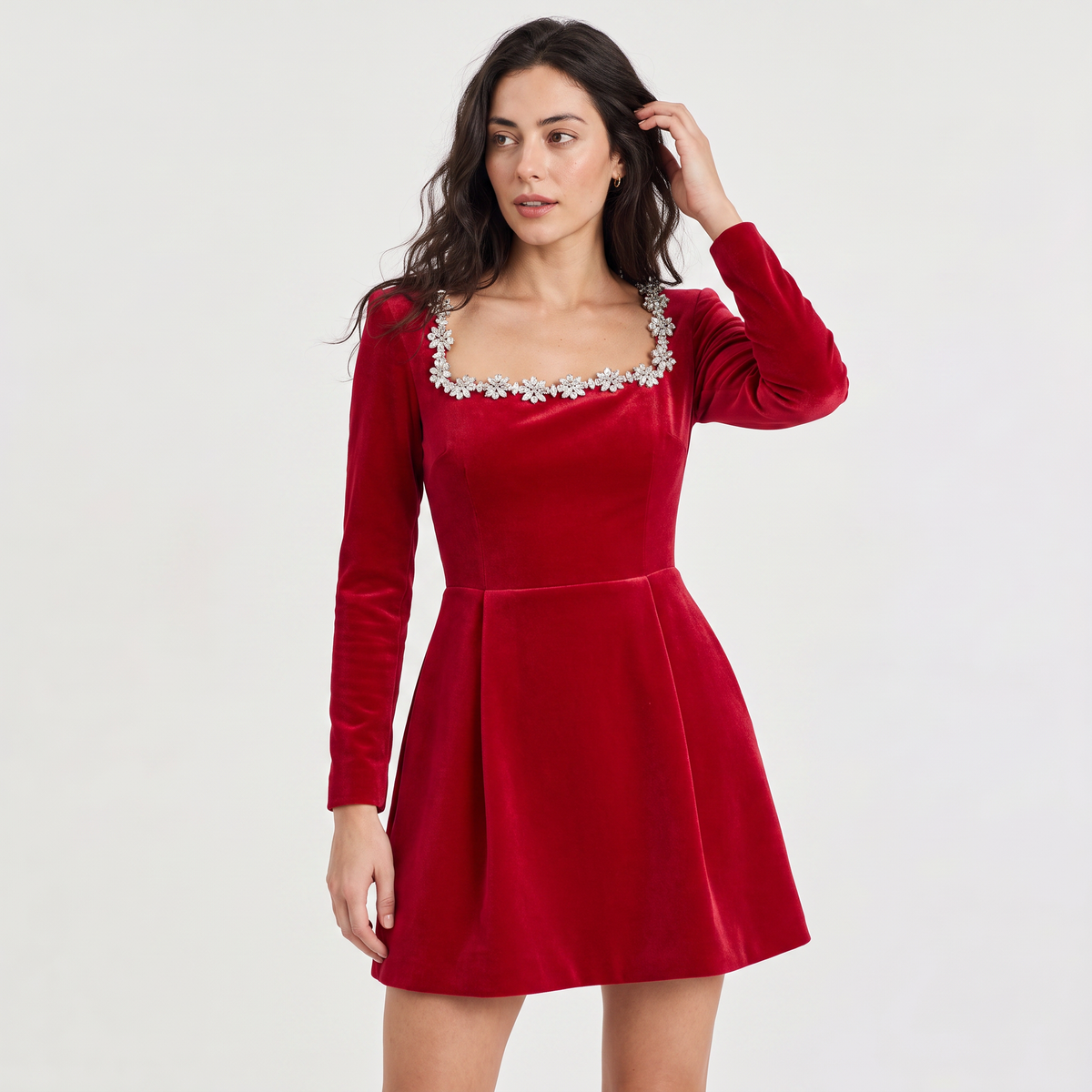 Square Neck Crystal Trim Velvet Mini Dress