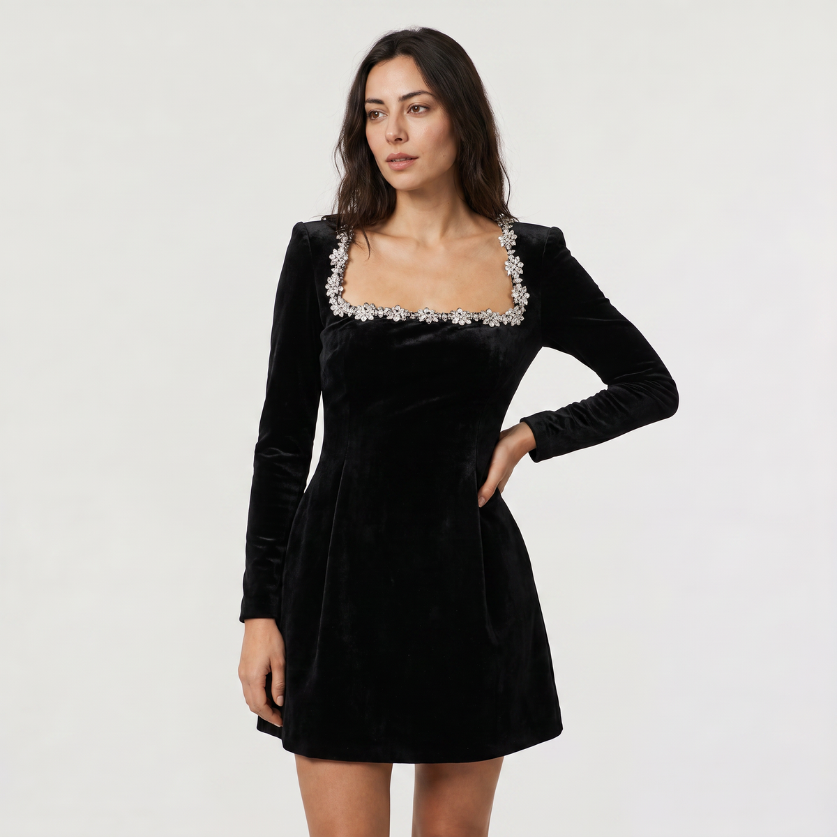 Square Neck Crystal Trim Velvet Mini Dress