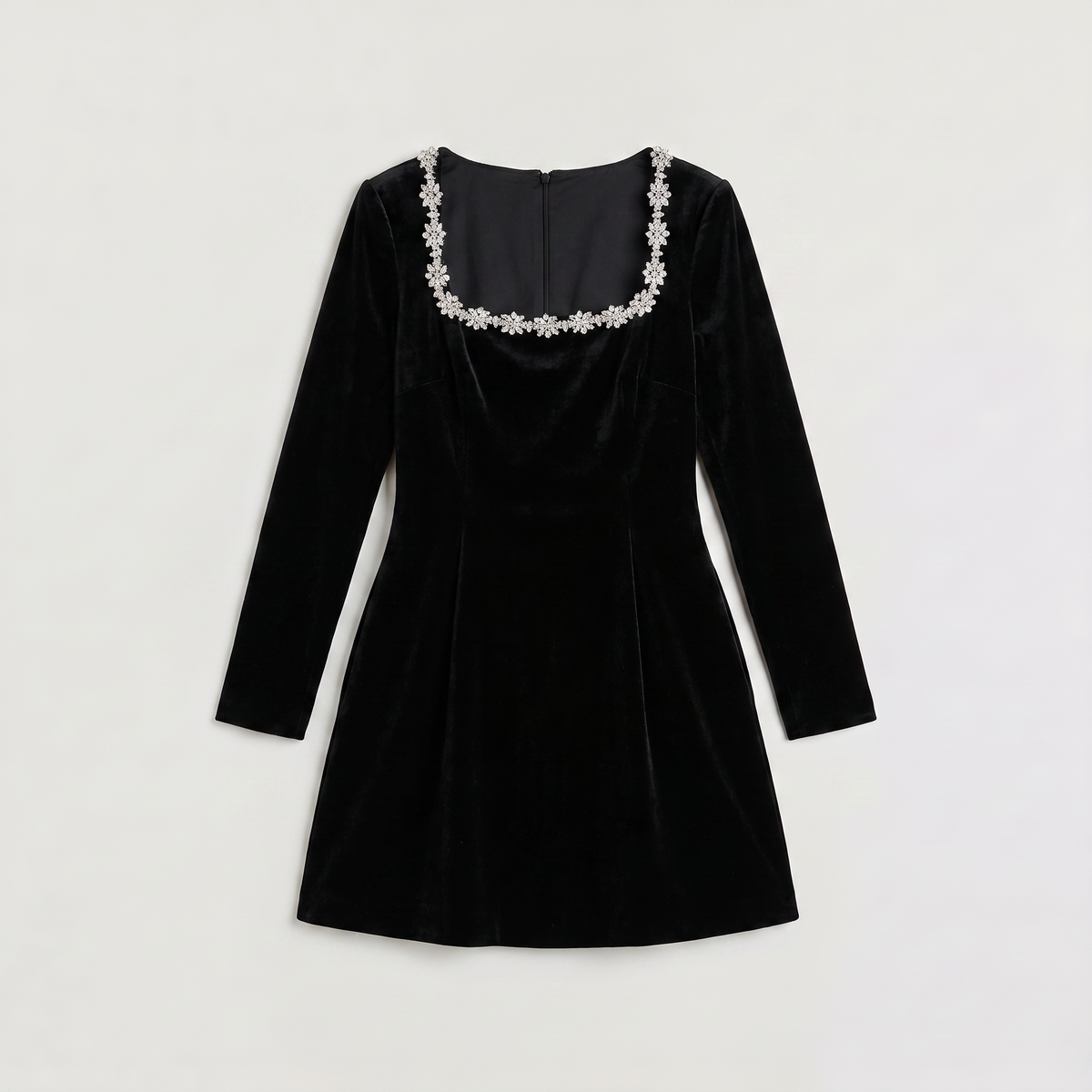 Square Neck Crystal Trim Velvet Mini Dress