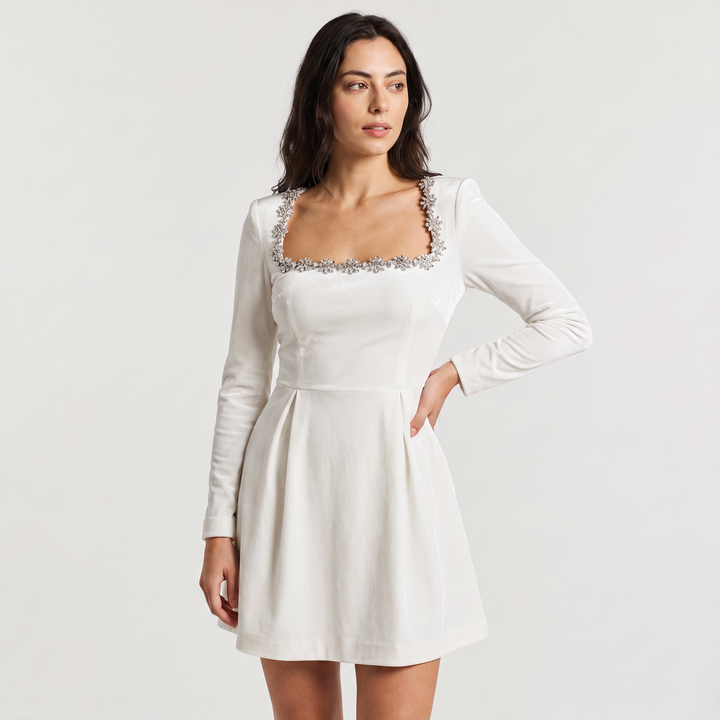 Square Neck Crystal Trim Velvet Mini Dress