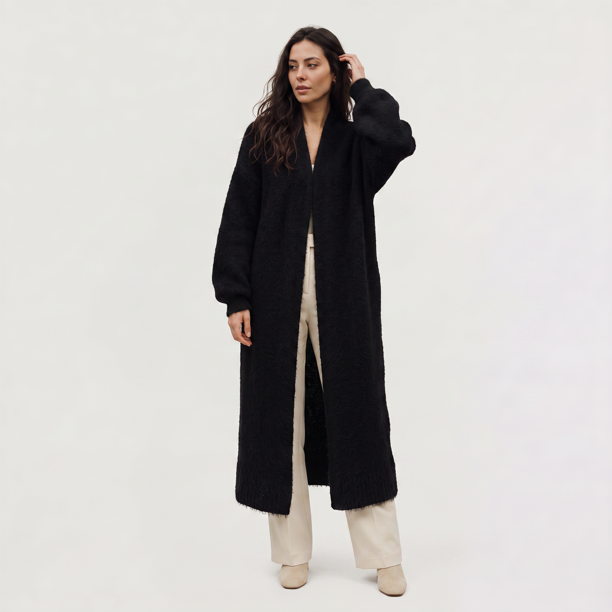 Fluffy Longline Open-Front Cardigan