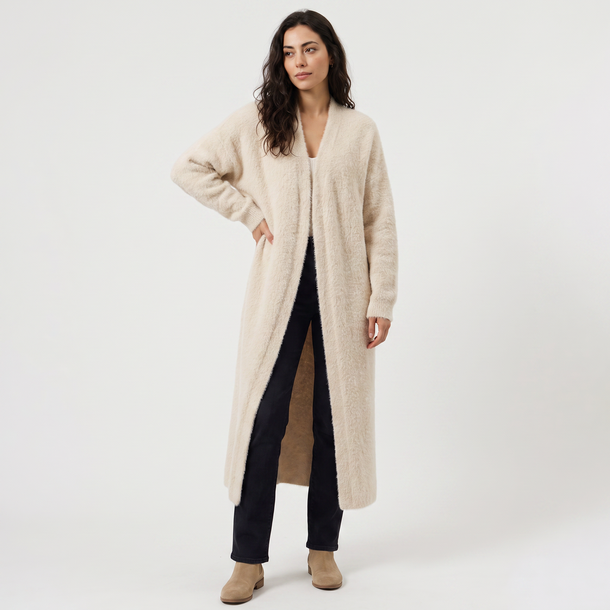Fluffy Longline Open-Front Cardigan