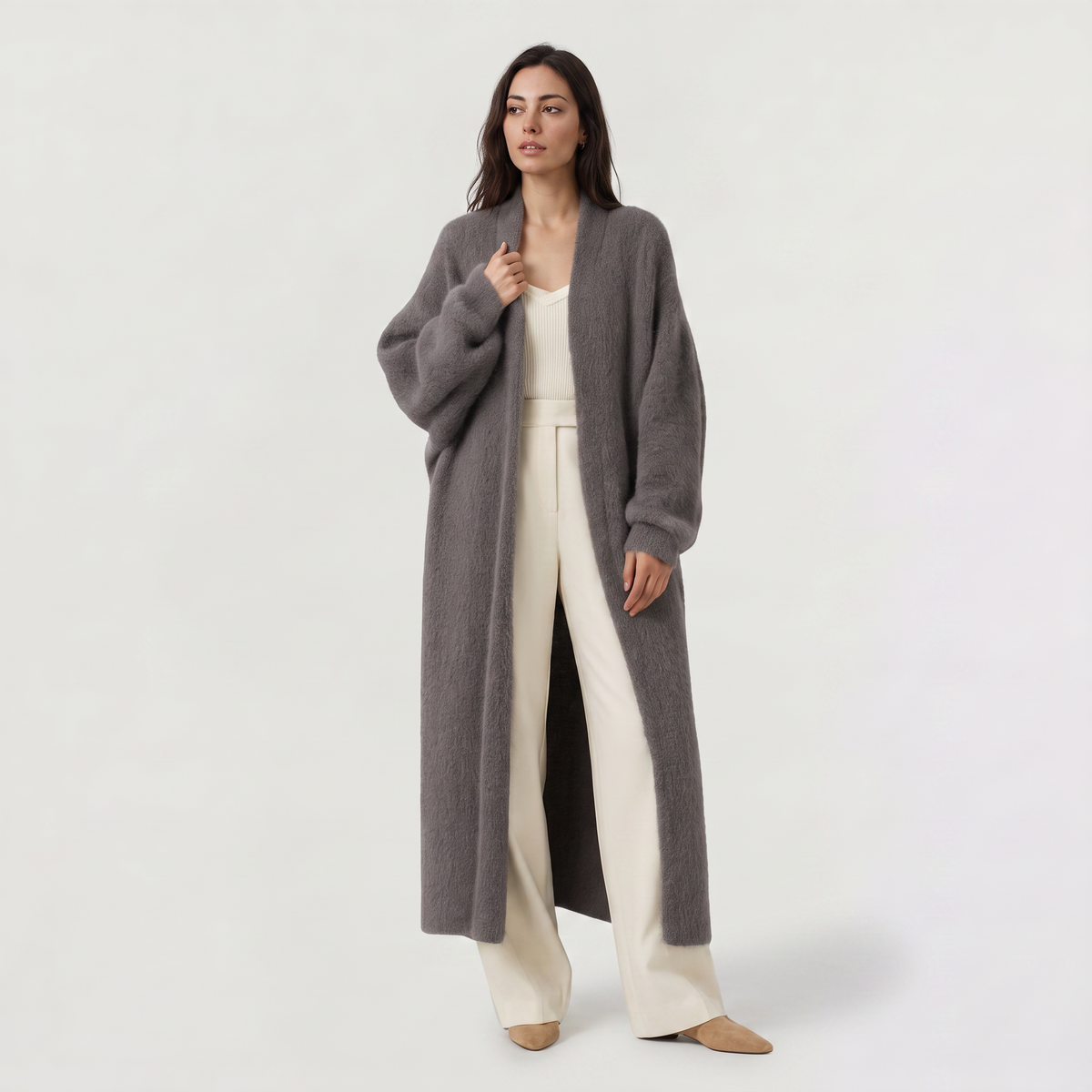 Fluffy Longline Open-Front Cardigan
