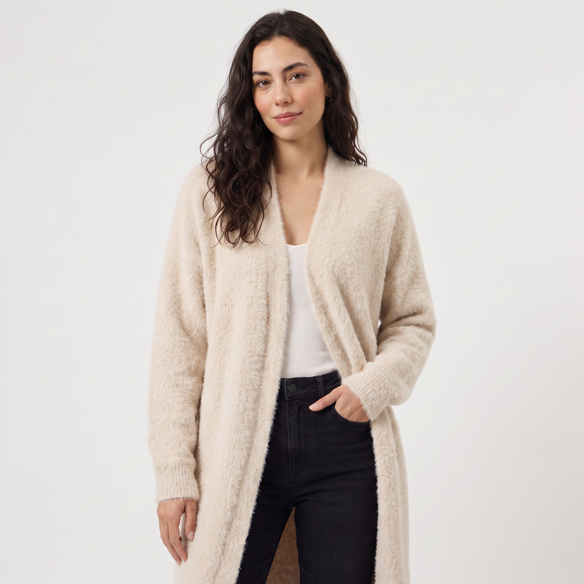 Fluffy Longline Open-Front Cardigan