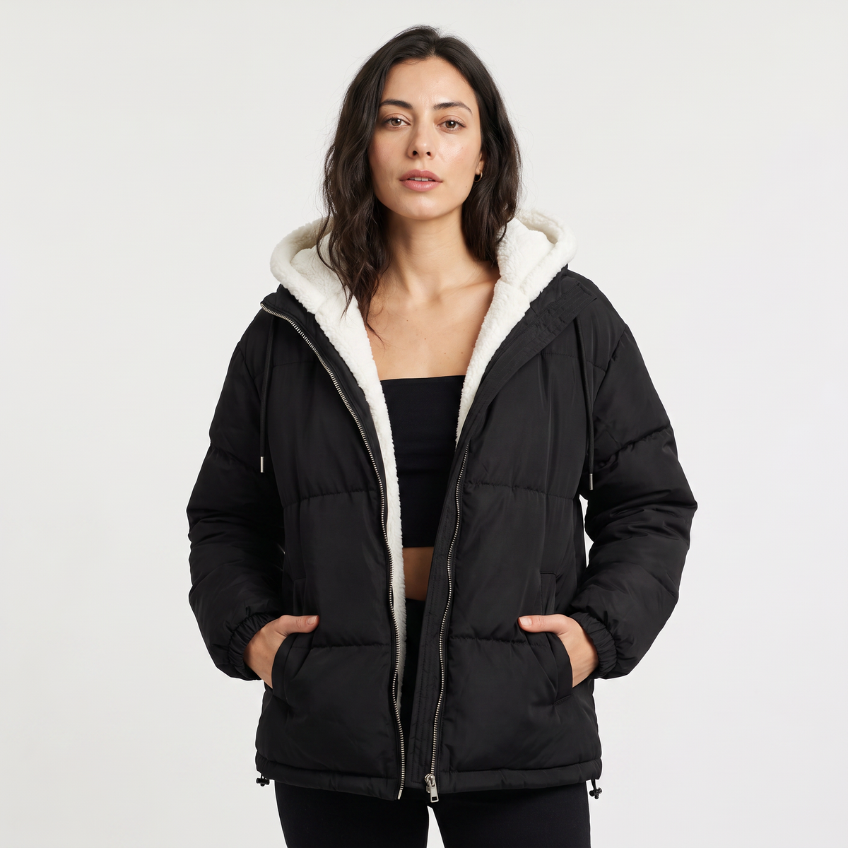 Sherpa-Lined Hooded Puffer Jacket