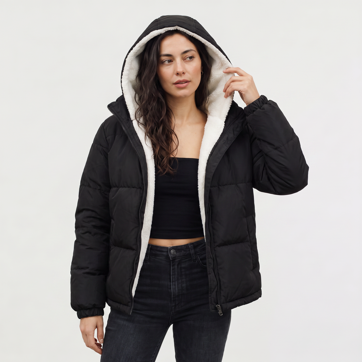 Sherpa-Lined Hooded Puffer Jacket