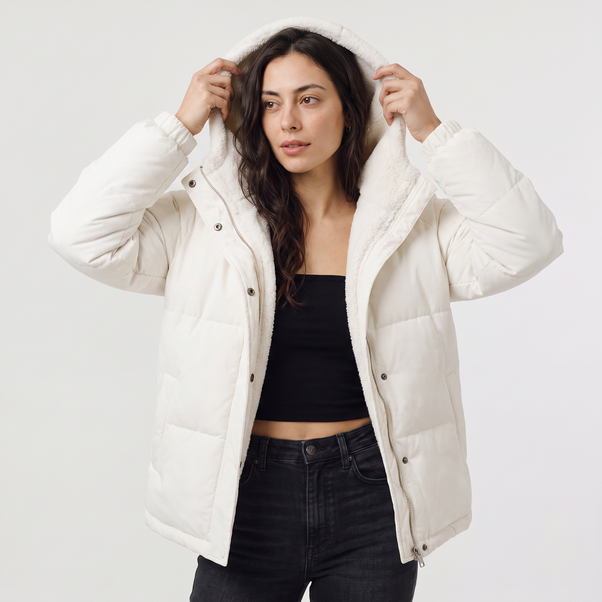 Sherpa-Lined Hooded Puffer Jacket