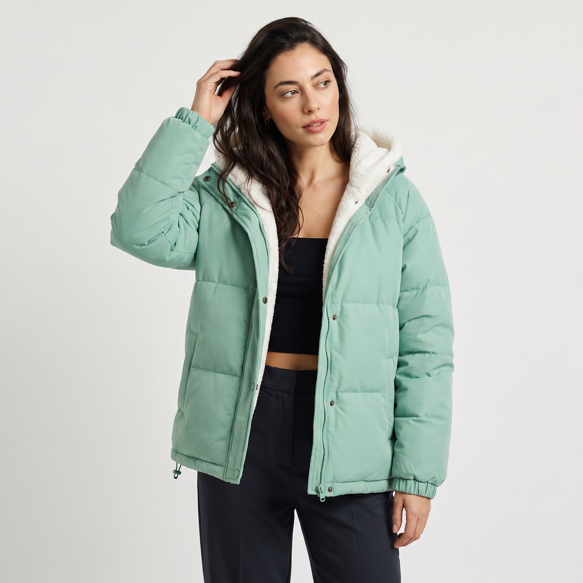 Sherpa-Lined Hooded Puffer Jacket