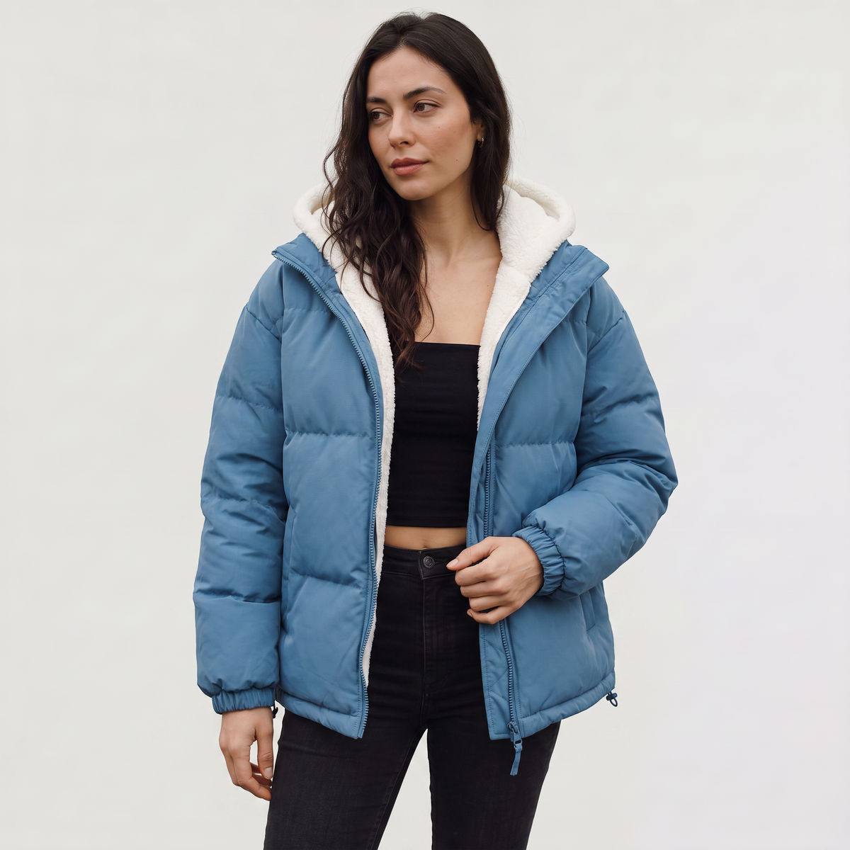 Sherpa-Lined Hooded Puffer Jacket