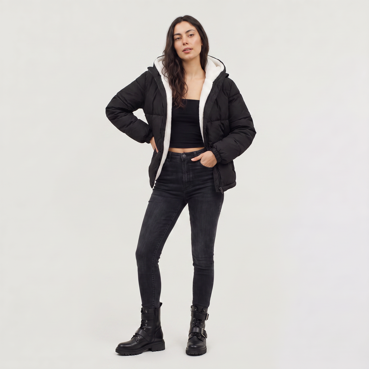 Sherpa-Lined Hooded Puffer Jacket