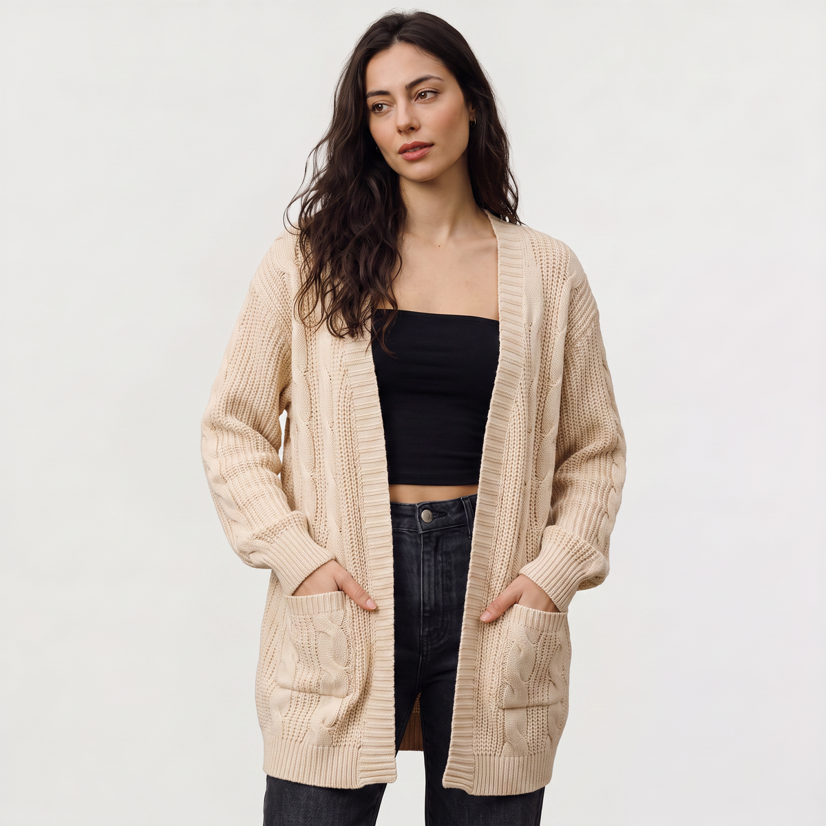 Open Front Oversized Cable Knit Cardigan