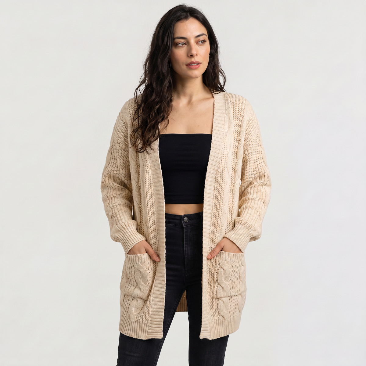 Open Front Oversized Cable Knit Cardigan