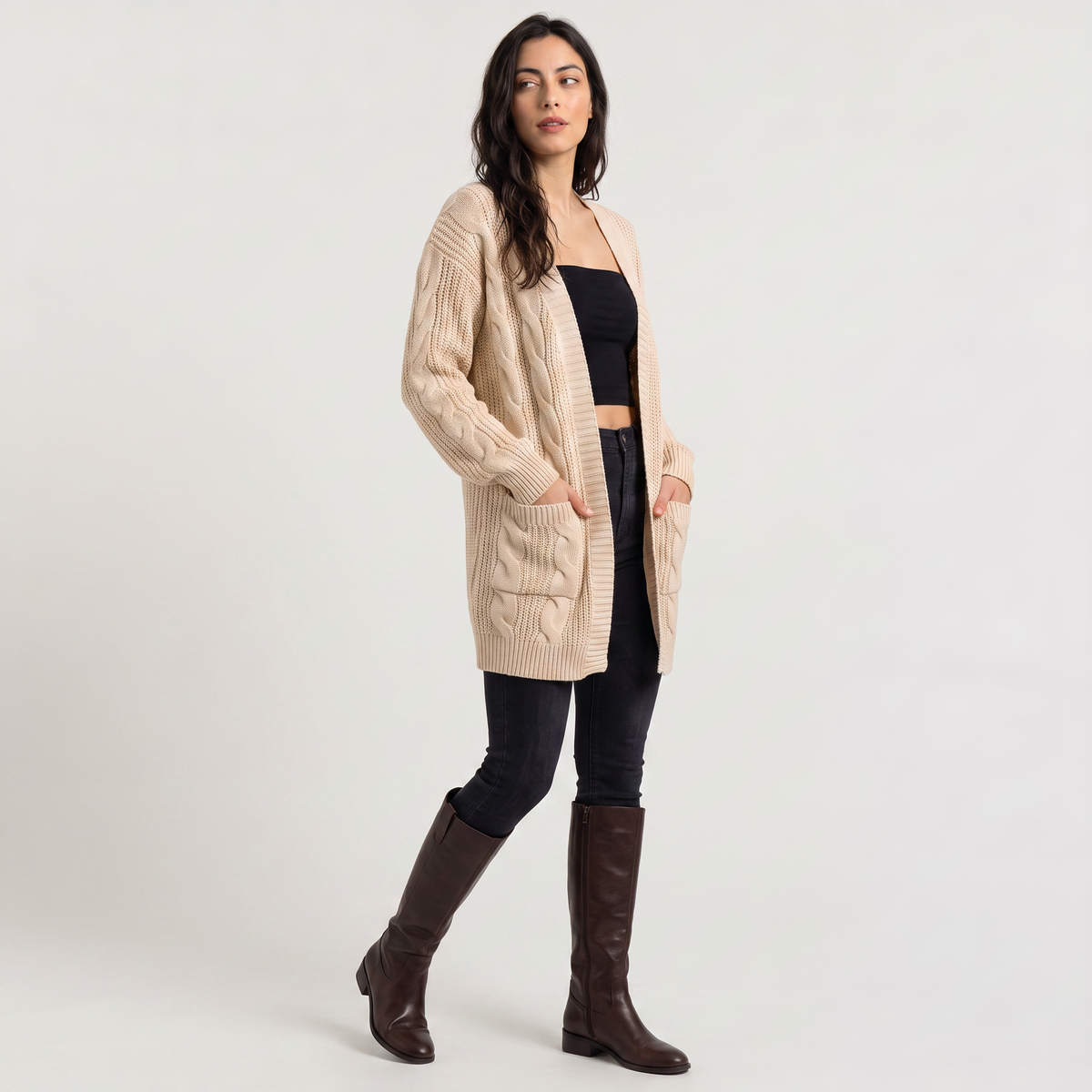 Open Front Oversized Cable Knit Cardigan