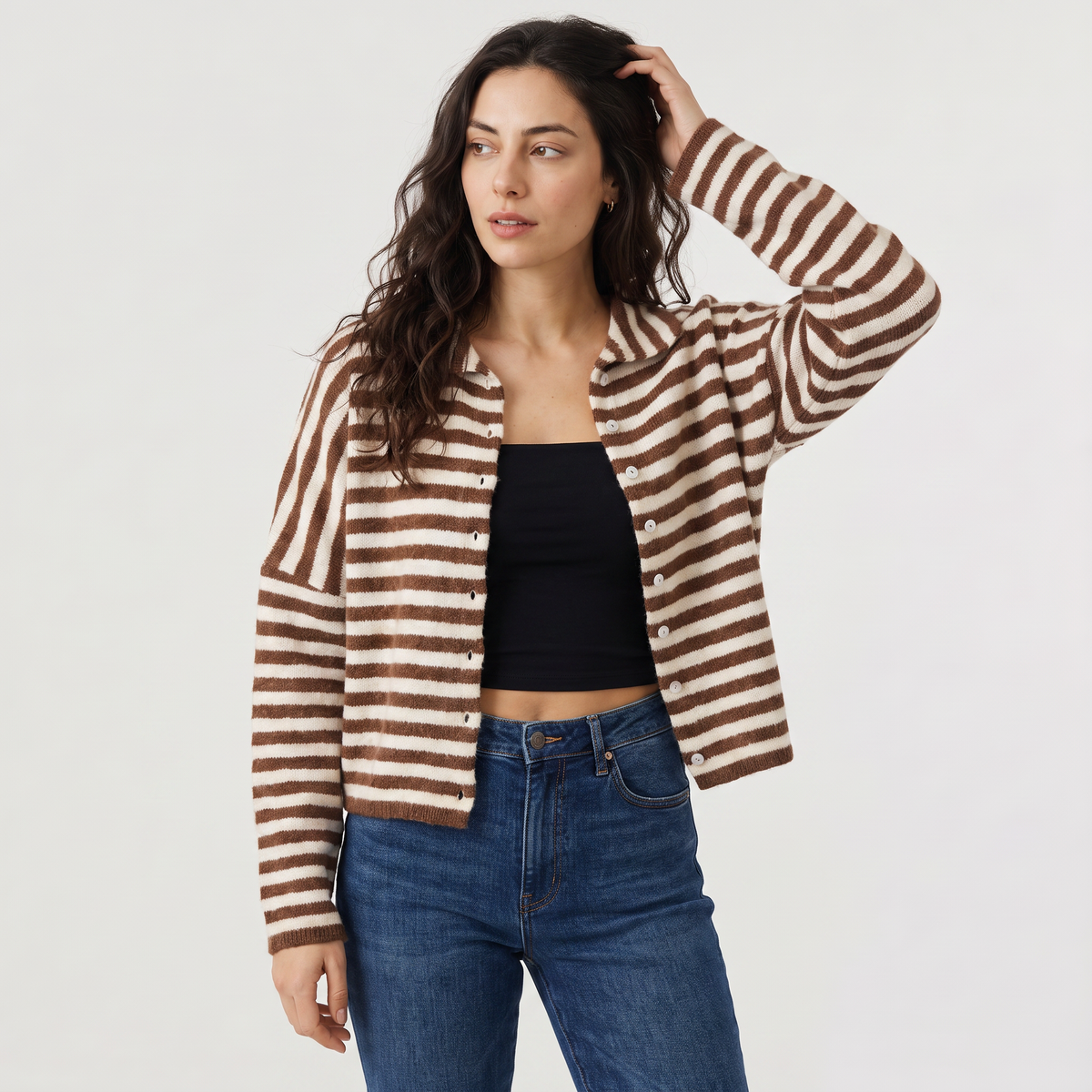 Striped Collared Knit Cardigan - Button Front