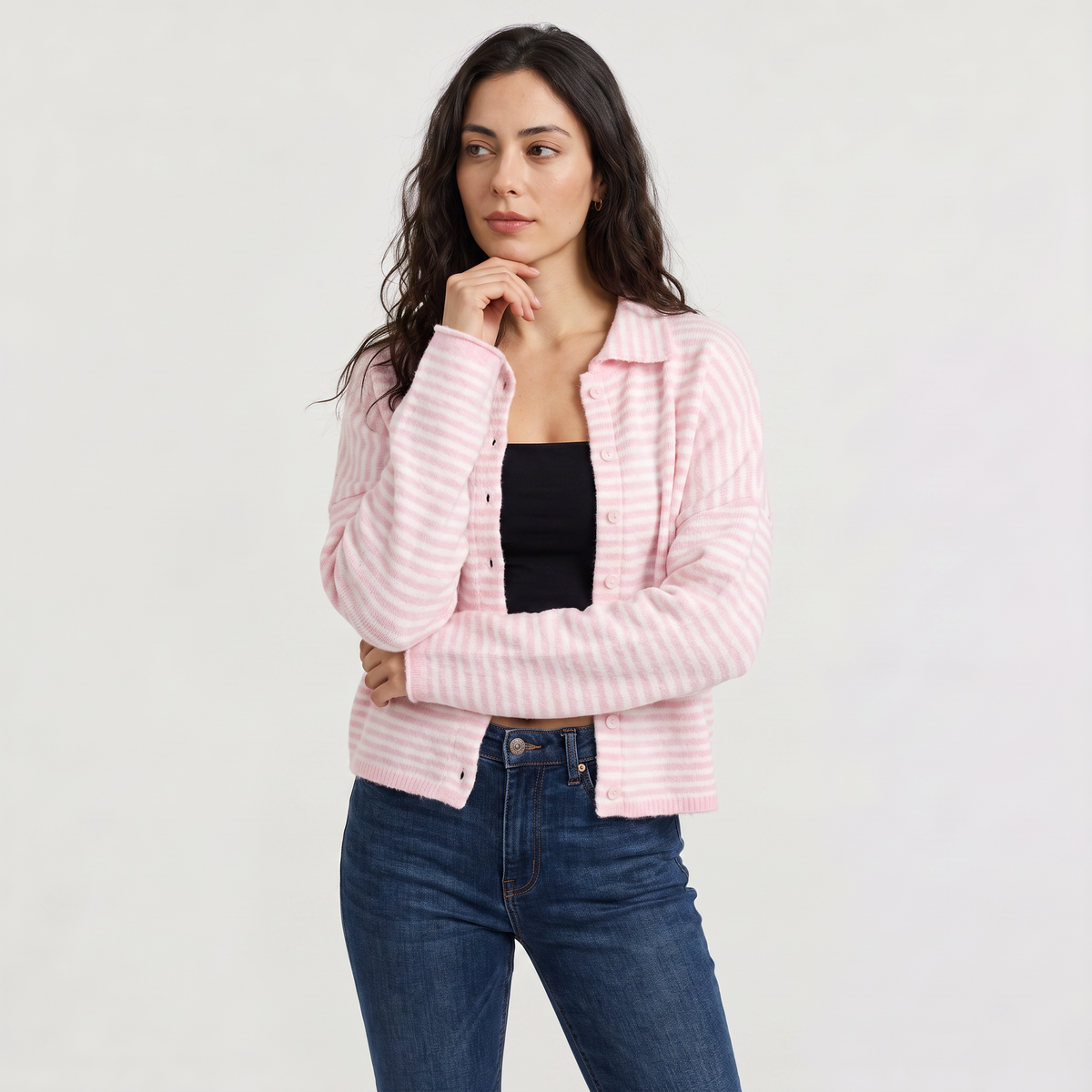 Striped Collared Knit Cardigan - Button Front