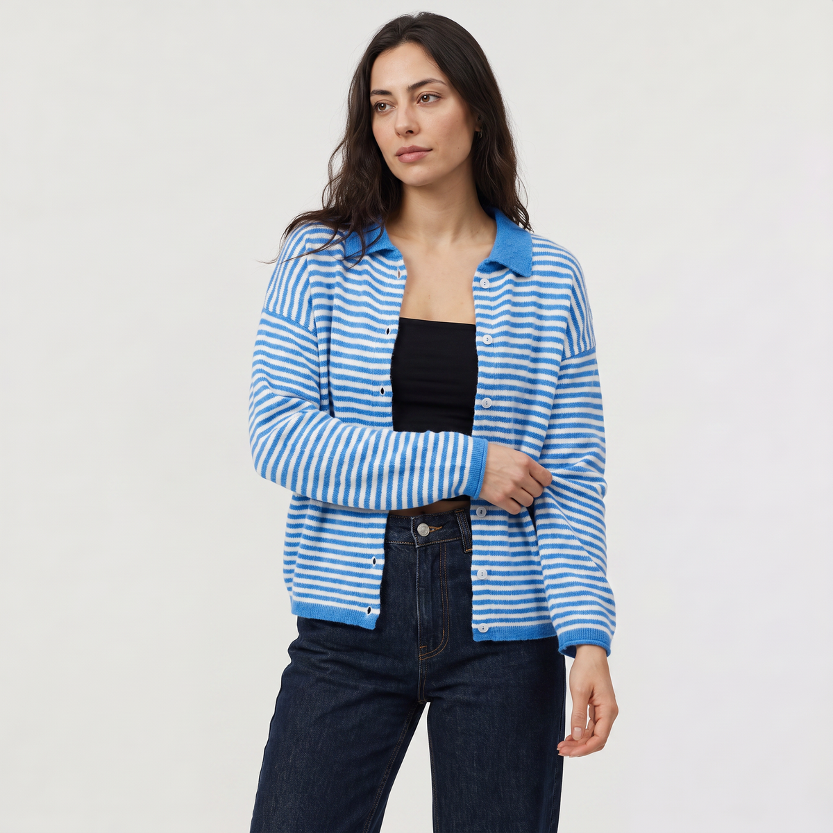 Striped Collared Knit Cardigan - Button Front