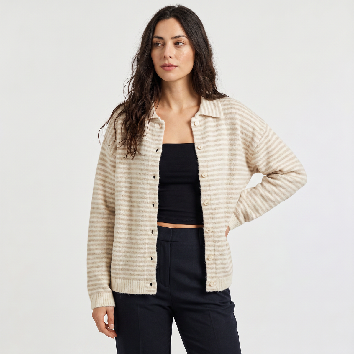 Striped Collared Knit Cardigan - Button Front