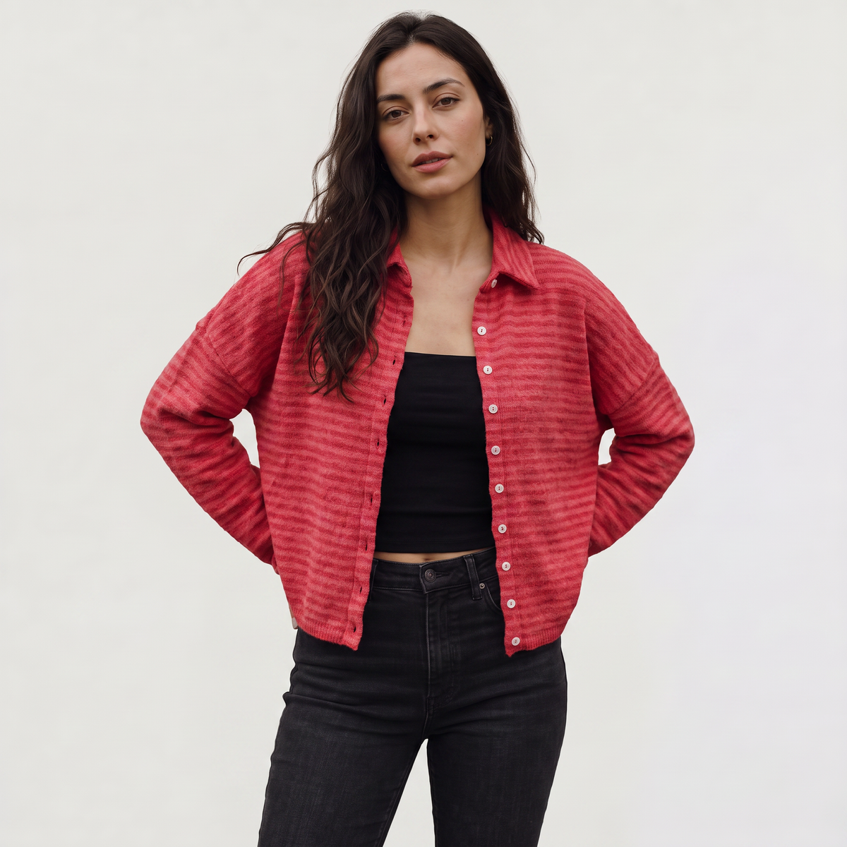 Striped Collared Knit Cardigan - Button Front