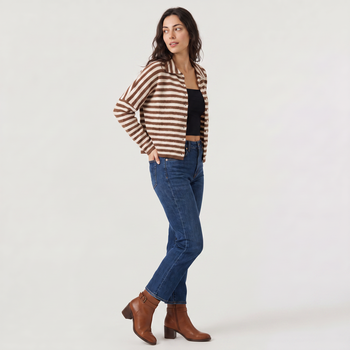Striped Collared Knit Cardigan - Button Front