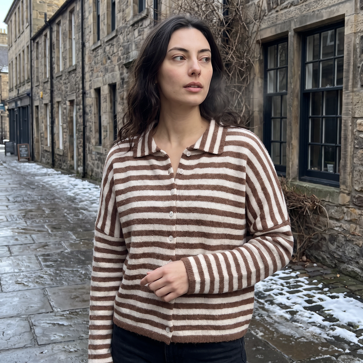 Striped Collared Knit Cardigan - Button Front