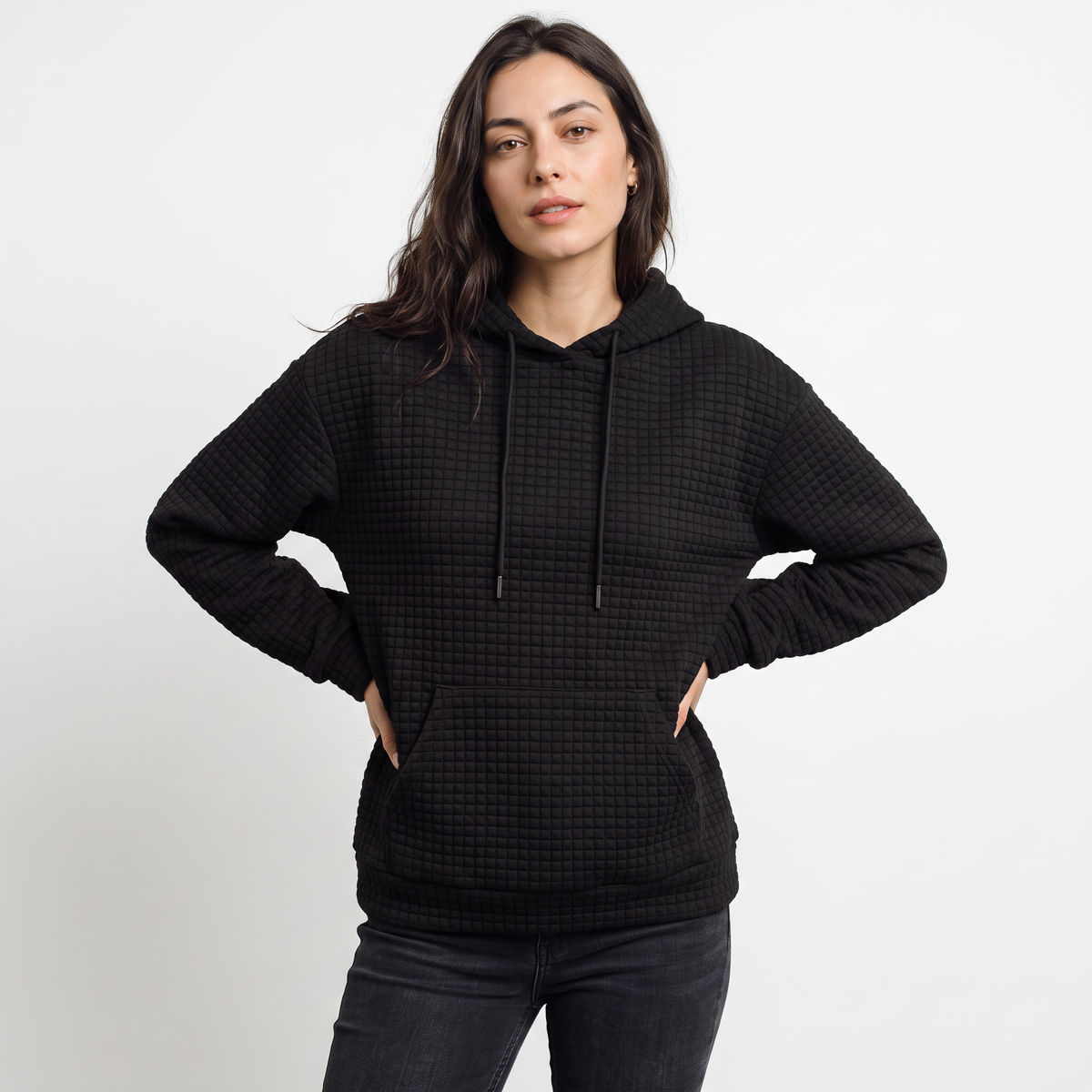 Quilted Drawstring Hoodie - Kangaroo Pocket
