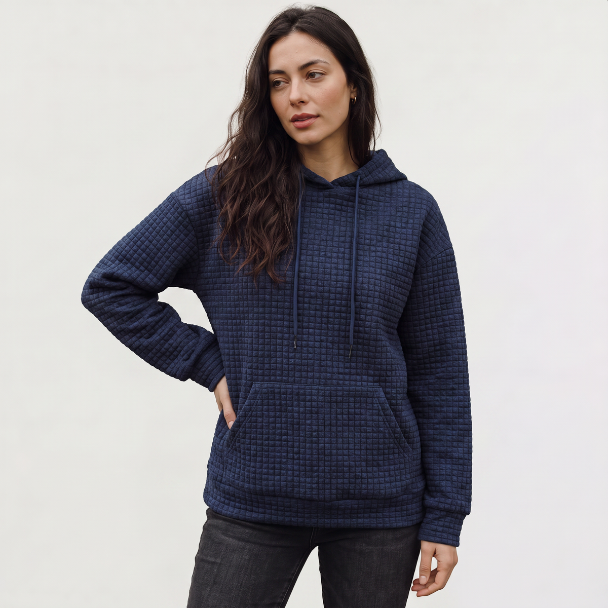 Quilted Drawstring Hoodie - Kangaroo Pocket