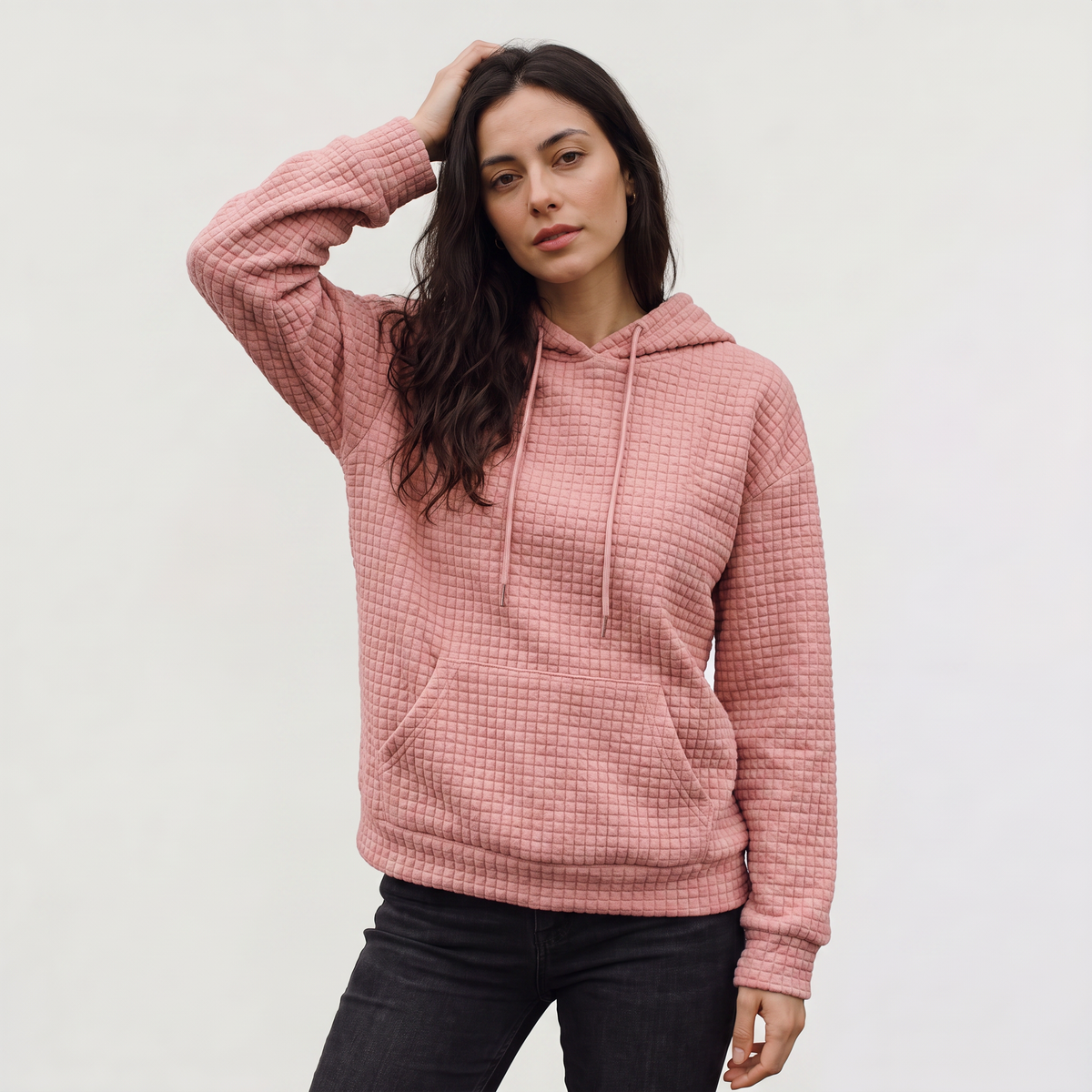 Quilted Drawstring Hoodie - Kangaroo Pocket