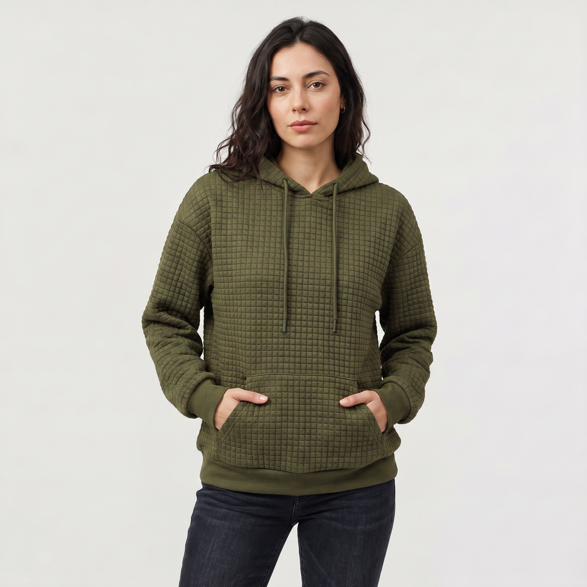 Quilted Drawstring Hoodie - Kangaroo Pocket