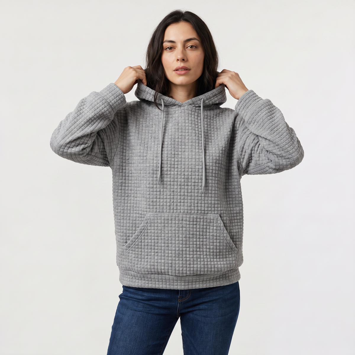 Quilted Drawstring Hoodie - Kangaroo Pocket